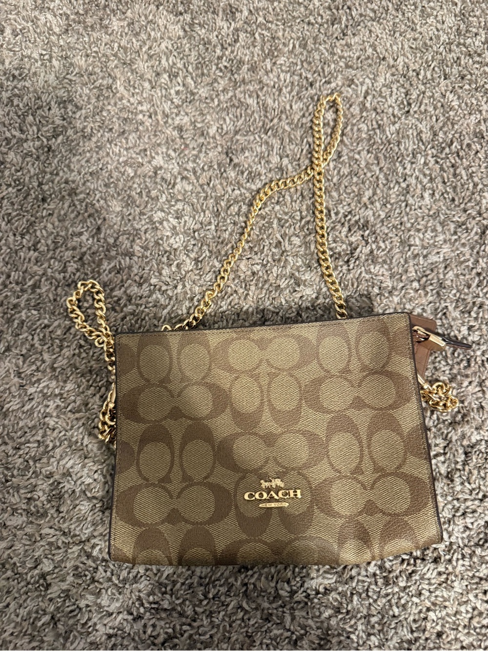 Coach Brown Signature Canvas Crossbody with Gold Chain